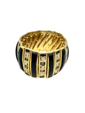 VINTAGE ASIAN EXPANSION BRACELET BLACK ENAMEL GOLD TONE CHUNKY WIDE MCM